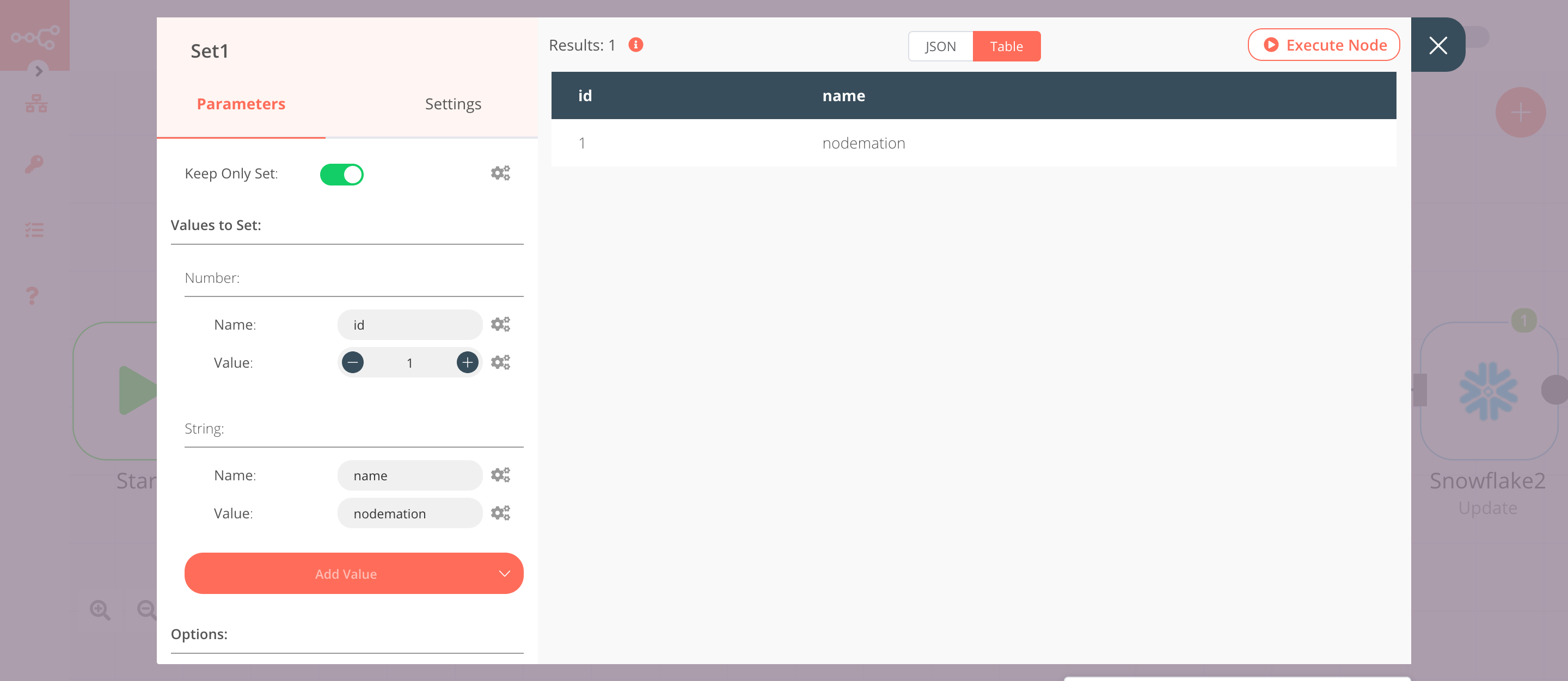 Using the Set node to set data to be updated by the Snowflake node