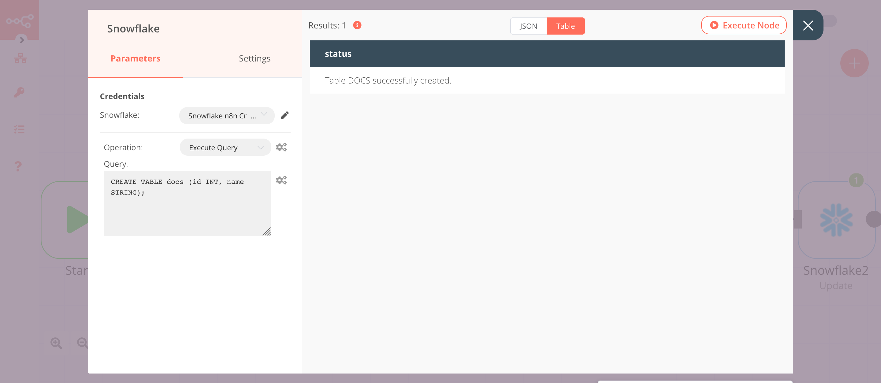 Using the Snowflake node to create a table