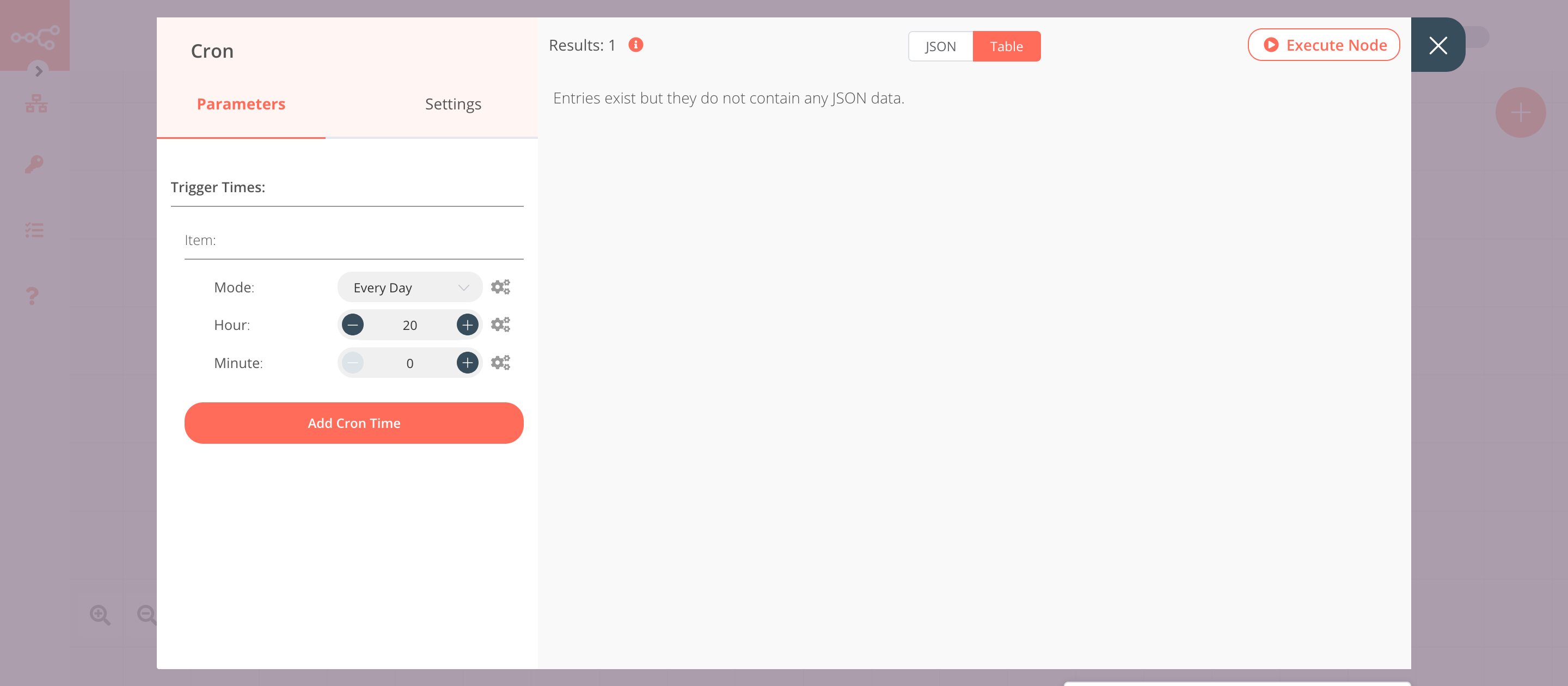 Using the Cron node to trigger the workflow daily at 8 PM