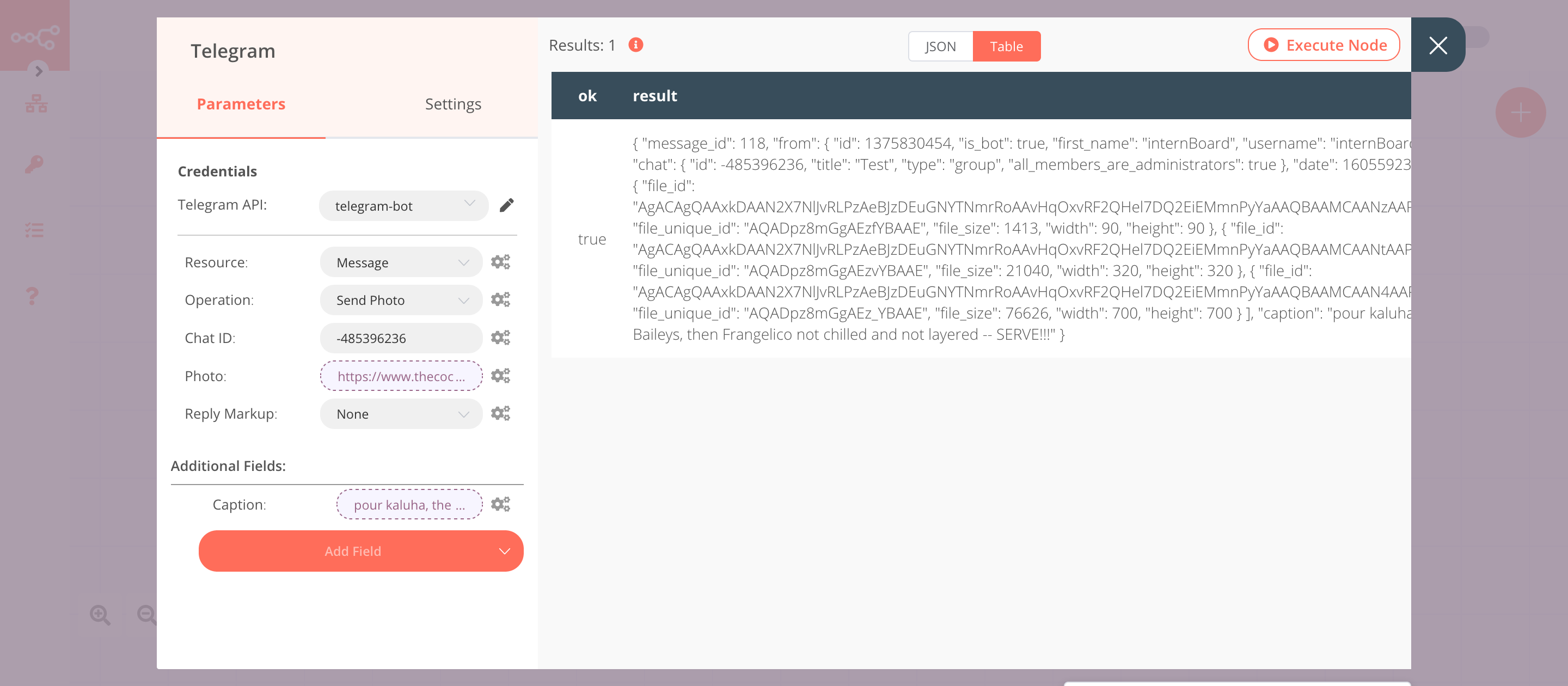 Using the Telegram node to send a message with an image and instruction of a cocktail