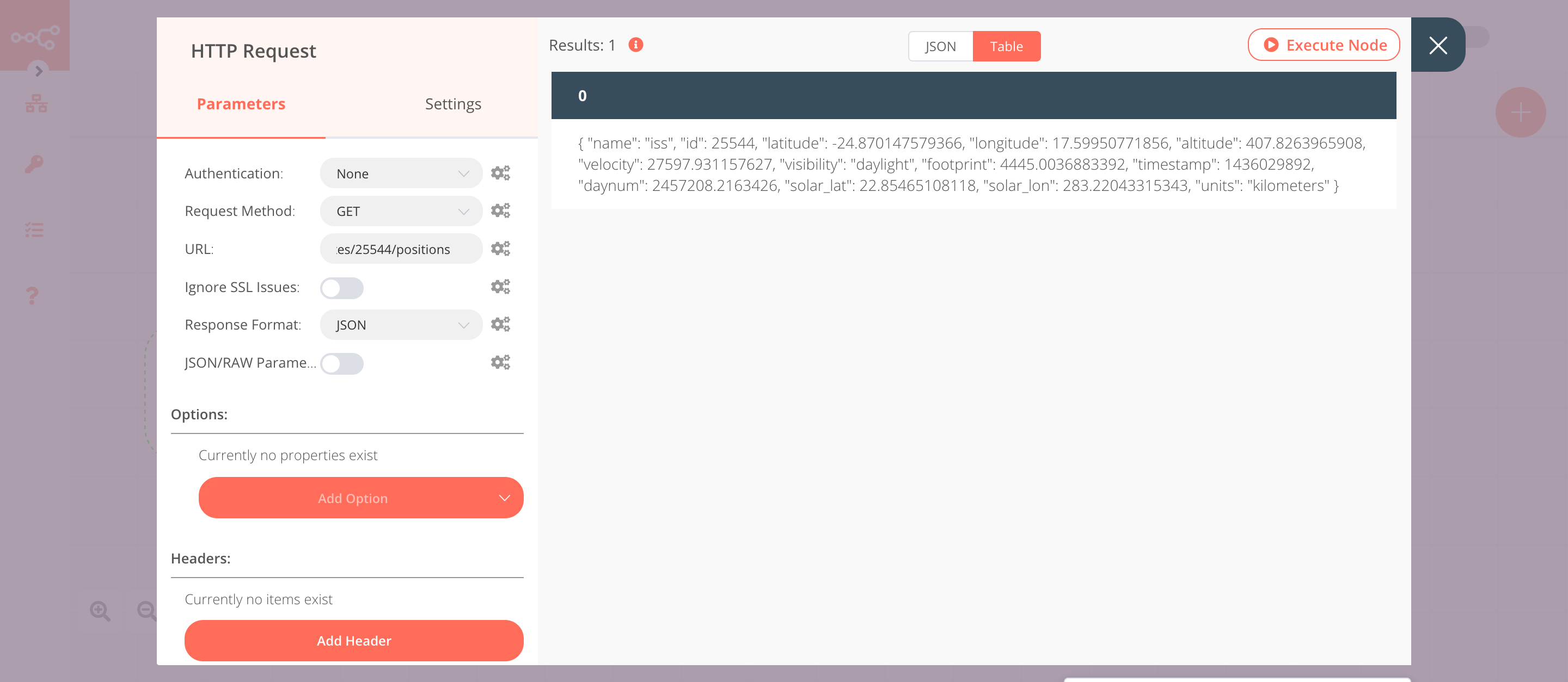 Using the HTTP Request node to get the information about the location of the ISS