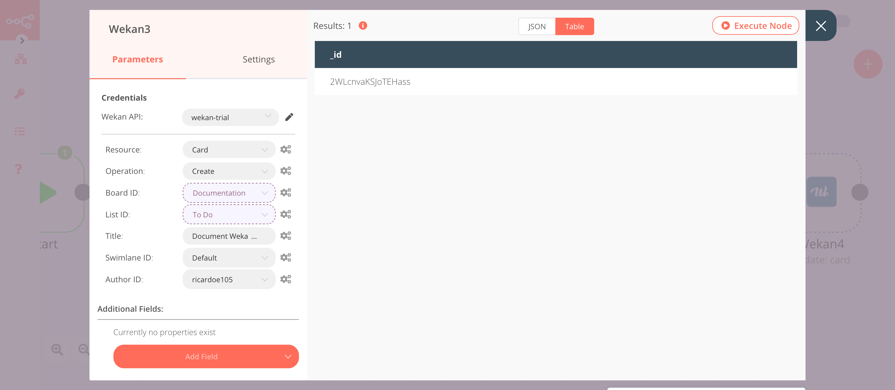 Using the Wekan node to create a card in the To Do list