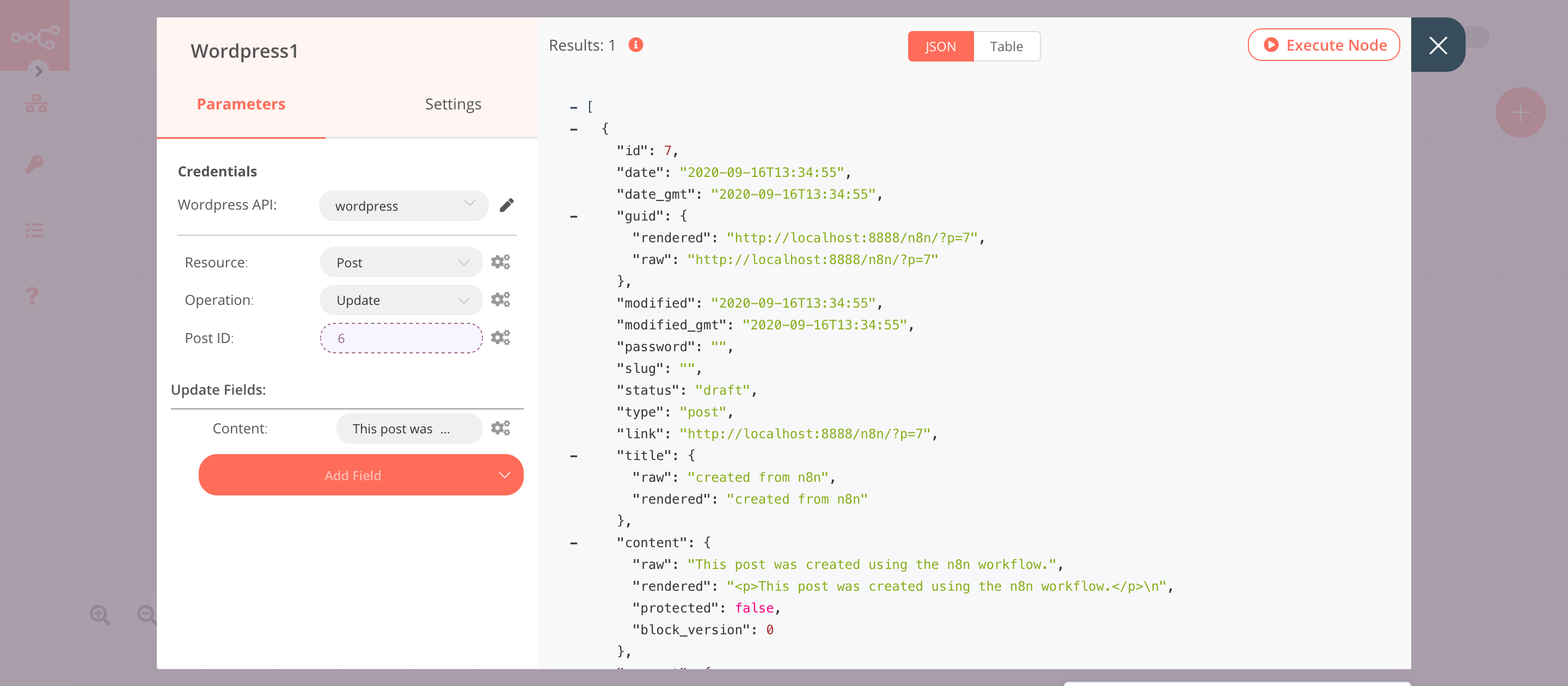 Using the WordPress node to update the post