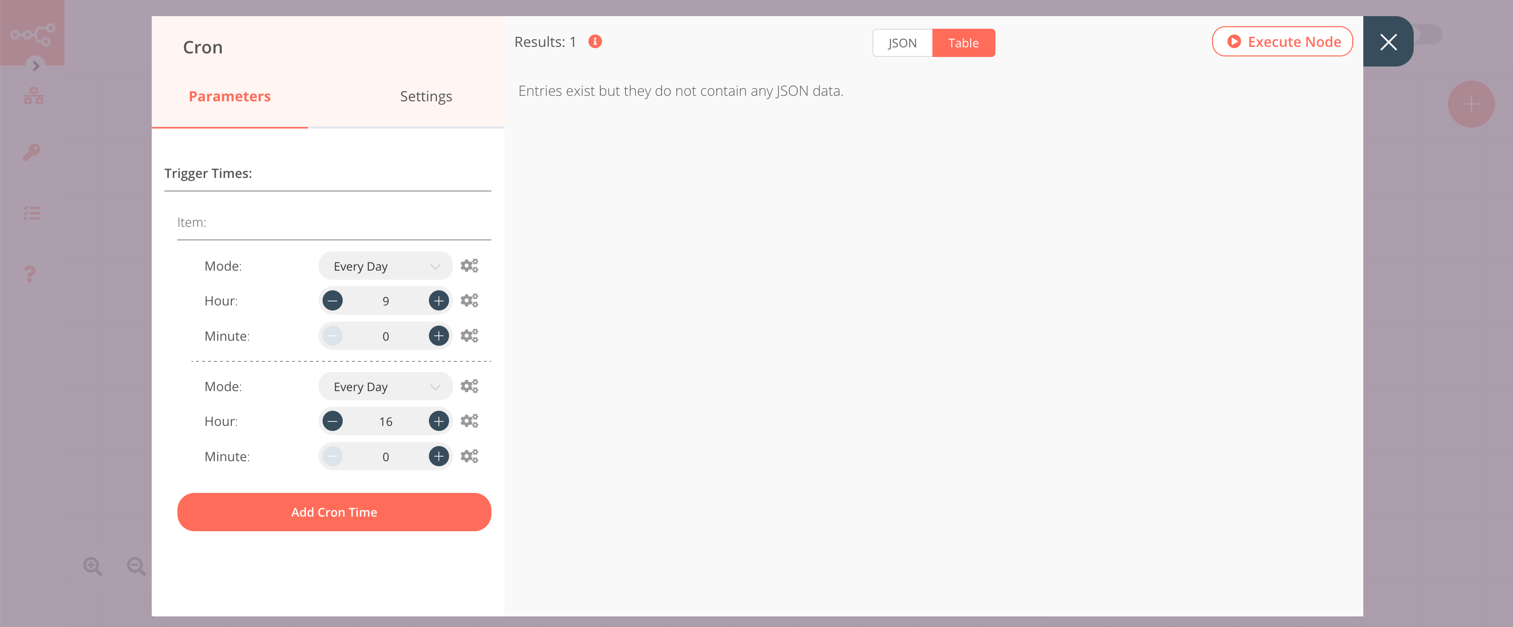 Using the Cron node to trigger the workflow twice a day