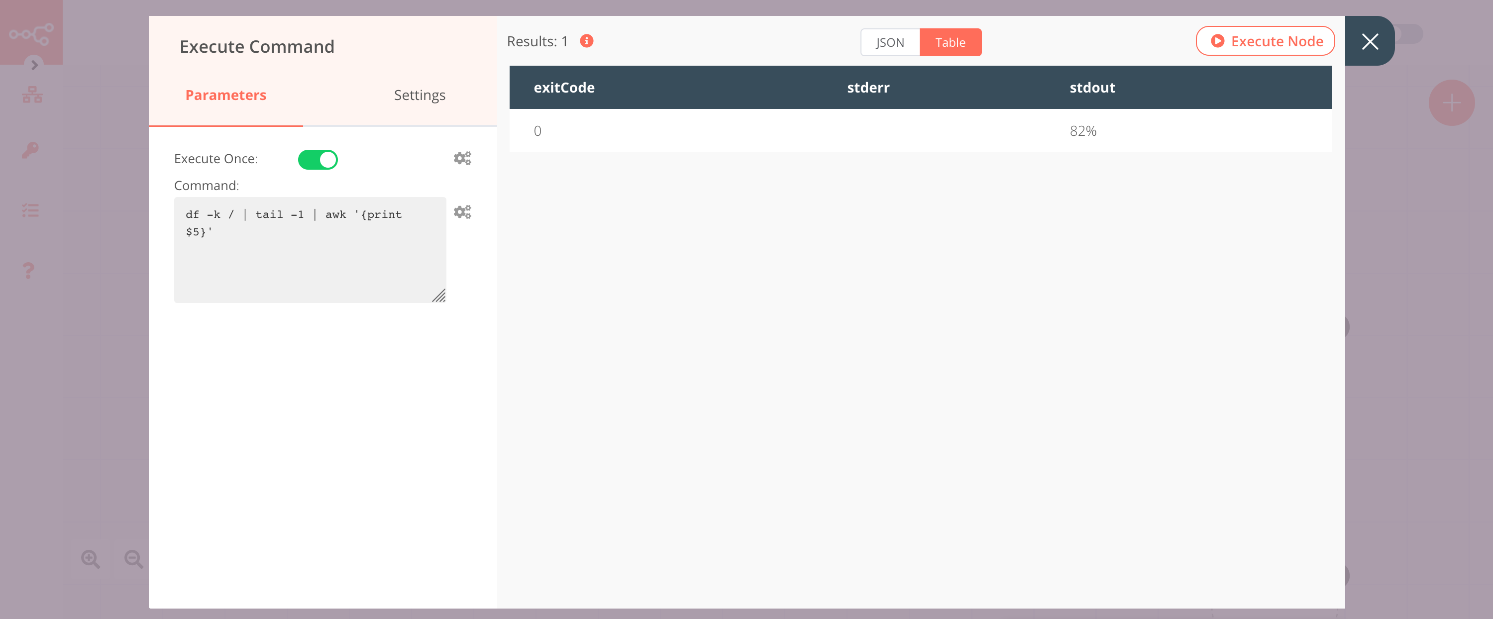 Using the Execute Command node to get the percentage of hard disk used on the host machine