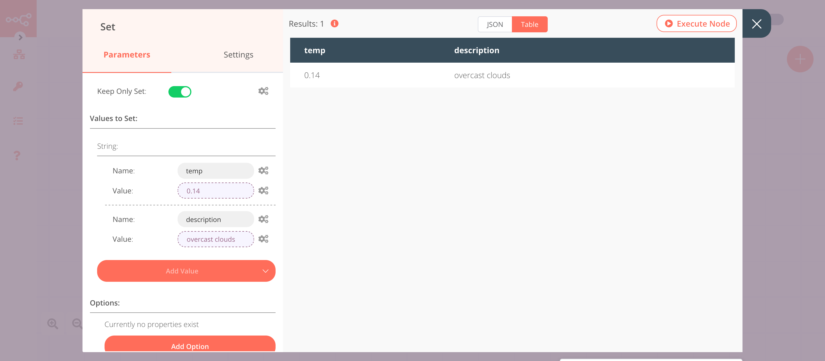 Using the Set node to set the values for temp and description