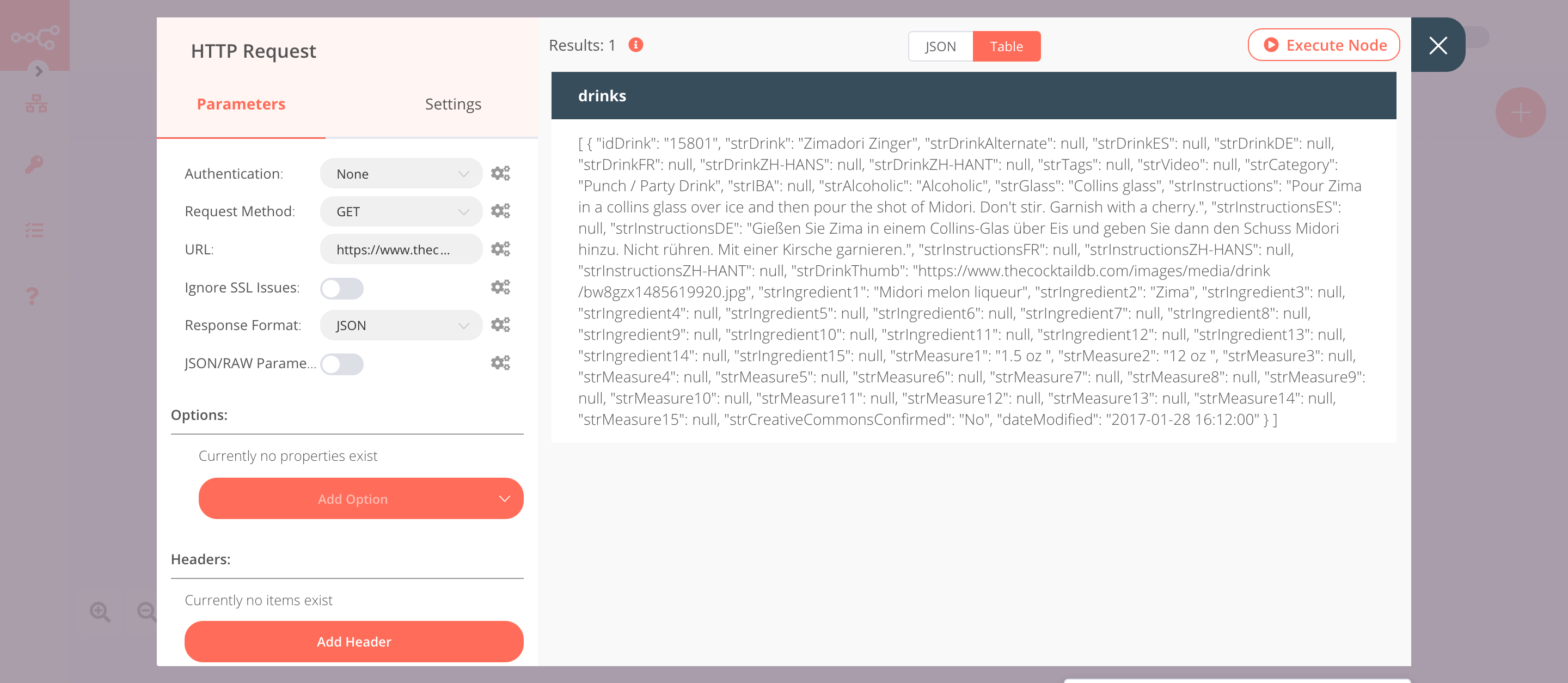 Get random cocktail data from CocktailDB API using the HTTP Request node