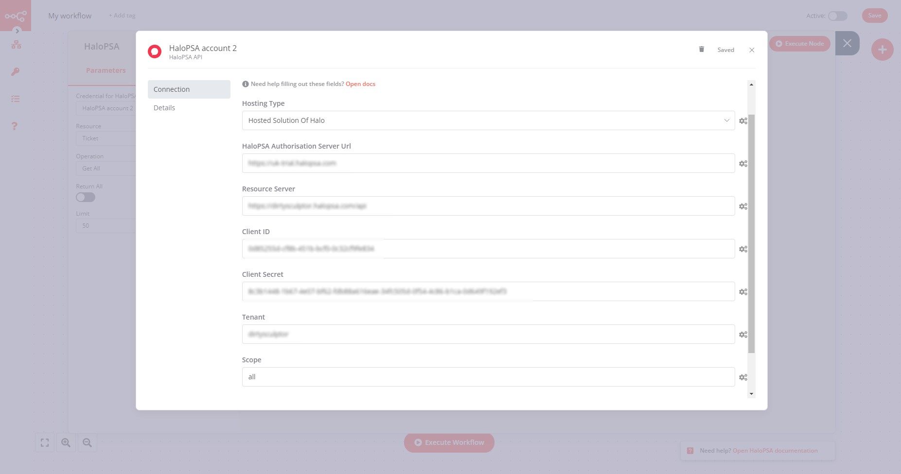 A workflow with the HaloPSA node