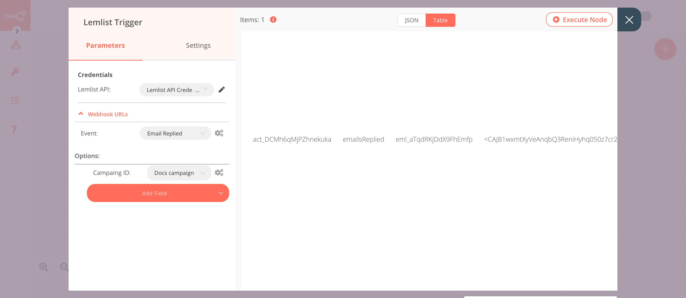 Using the Lemlist Trigger node to trigger the workflow