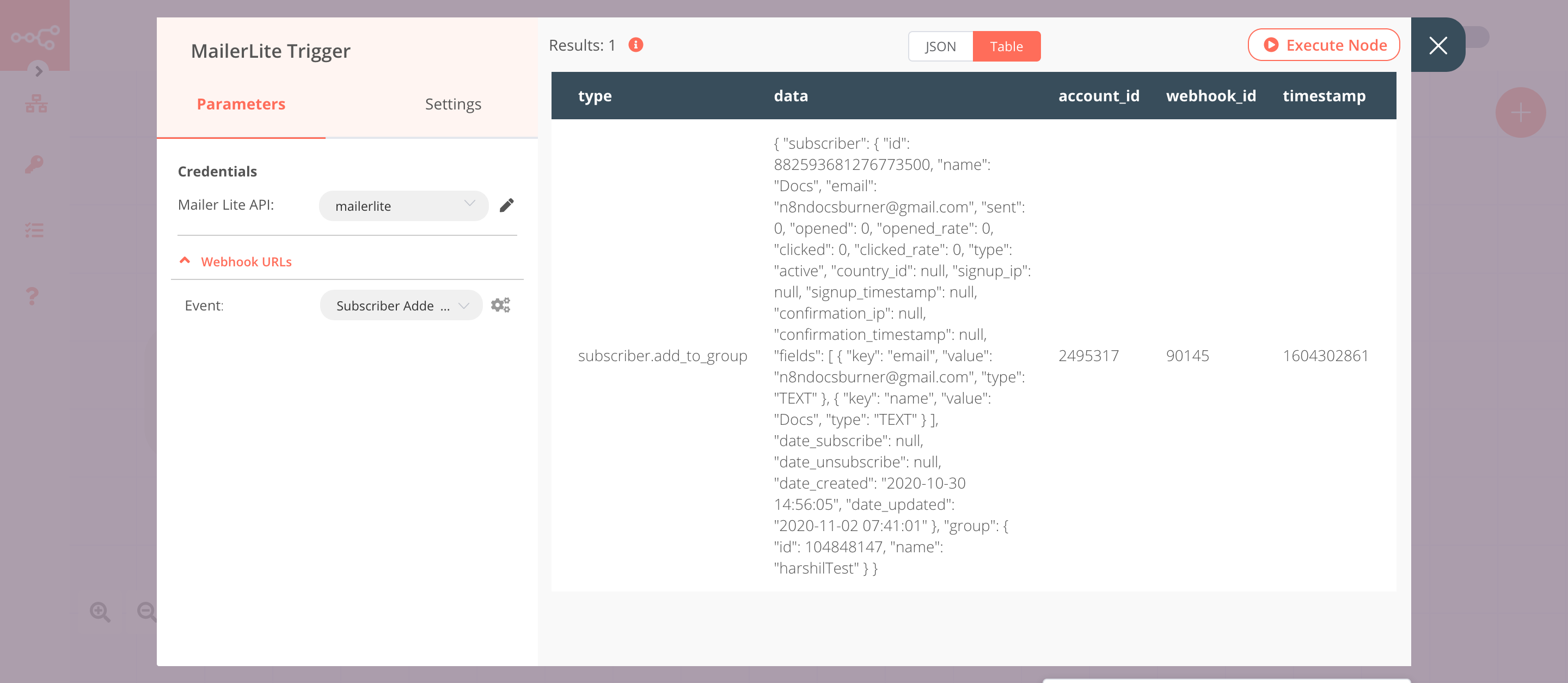 Using the MailerLite Trigger node to trigger the workflow