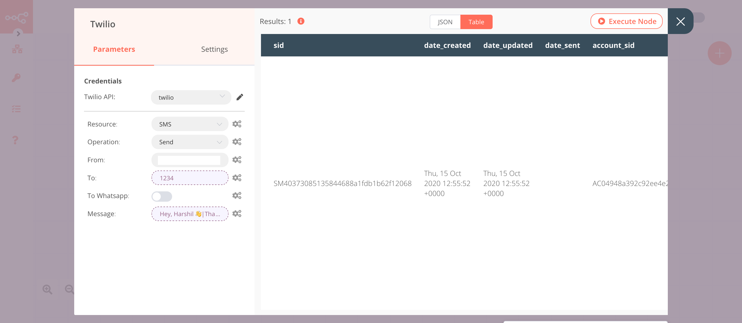 Using the Twilio node to send an SMS